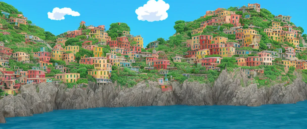 Image similar to pixar 3D render, by studio ghibli, (french bande dessinée), solarpunk, year 1244, fantasy setting, jrpg, mediterranean landscape, quaint old village, cinq terre, highly detailed, luminous, white rock, bright beautiful teal sky and sea, very sunny, light radiosity, concept art