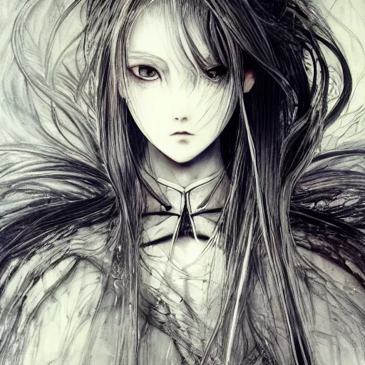 Image similar to yoshitaka amano blurred and dreamy realistic illustration of an anime girl with wavy white hair and cracks on her face wearing elden ring armor with the cape fluttering in the wind, abstract black and white patterns on the background, noisy film grain effect, highly detailed, renaissance oil painting, weird portrait angle