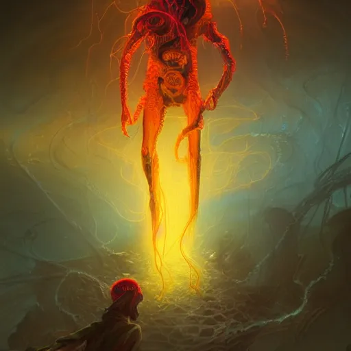 Prompt: medium shot of a weird Lovecraftian ghostly transparent yellow lightning elemental humanoid with red and blue goggles, cyberpunk concept art by pete mohrbacher and seb mckinnon and beksinski and josan gonzales, digital art, highly detailed, intricate, sci-fi, sharp focus, Trending on Artstation HQ, deviantart, unreal engine 5, 4K UHD image