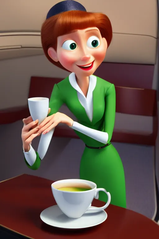 Prompt: portrait of female flight attendant with green eyes working holding the white teacup with her hand with seats in background, full body. pixar disney 4 k 3 d render funny animation movie oscar winning trending on artstation and behance, ratatouille style