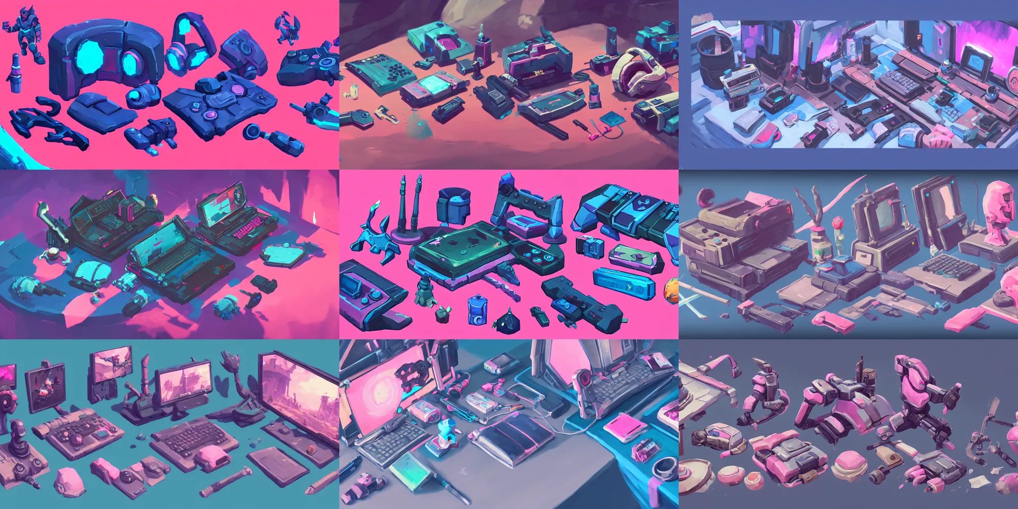 Prompt: game asset of computer console and device, in gouache detailed paintings, props, stylized, 2 d sprites, kitbash, arcane, overwatch, blue and pink color scheme, 8 k, close up