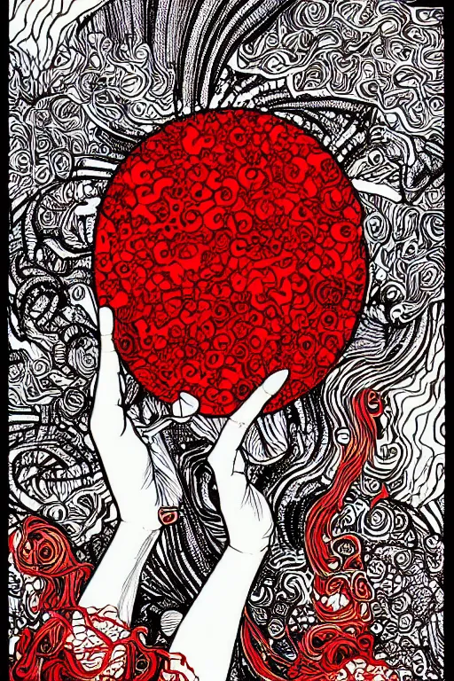 Prompt: a drawing of a person holding a red object, a manga drawing by Yuko Shimizu, behance contest winner, psychedelic art, psychedelic, cosmic horror, fractalism