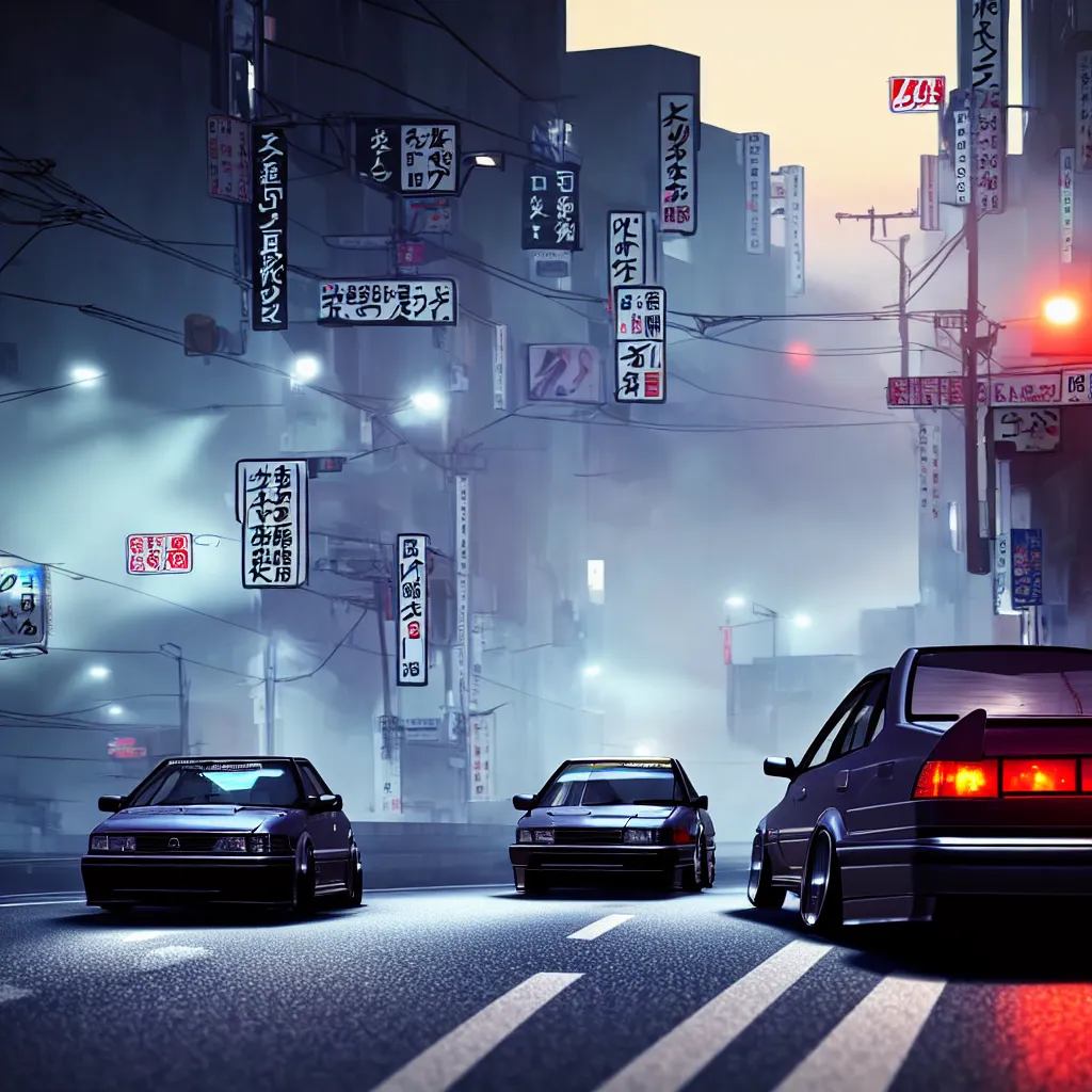 Image similar to a single car JZX100 twin turbo drift in the road, Tokyo prefecture, Japanese architecture, city sunset mist lights, cinematic lighting, photorealistic, detailed alloy wheels, highly detailed