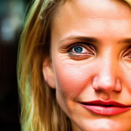 Image similar to close - up 2 0 year old cameron diaz, moody lighting, 8 k, shallow depth of field, cinematic lighting,