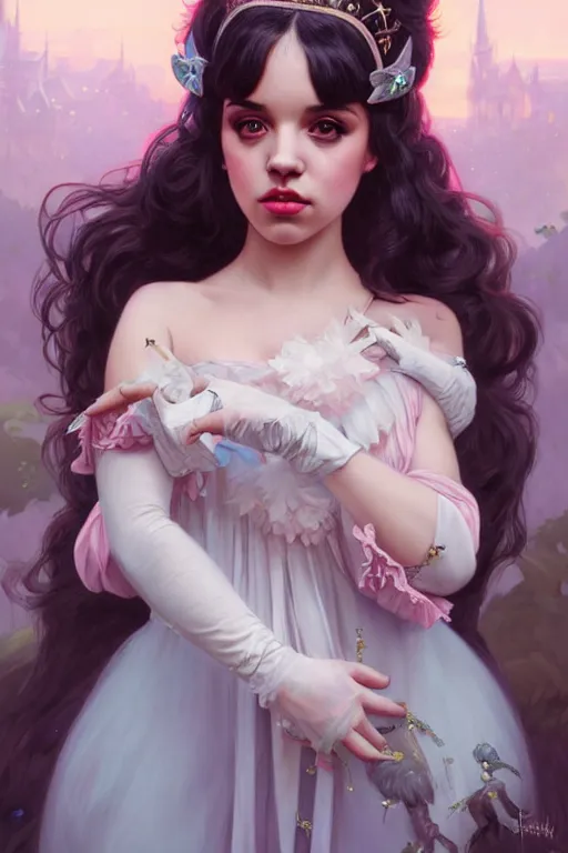 Image similar to Pop Star Melanie Martinez as a princess, fantasy, intricate, elegant, highly detailed, digital painting, artstation, concept art, matte, sharp focus, illustration, art by Artgerm and Greg Rutkowski and Alphonse Mucha