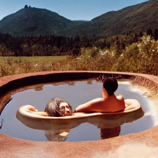 Prompt: big sir sitting in a hot spring with a super model, film still