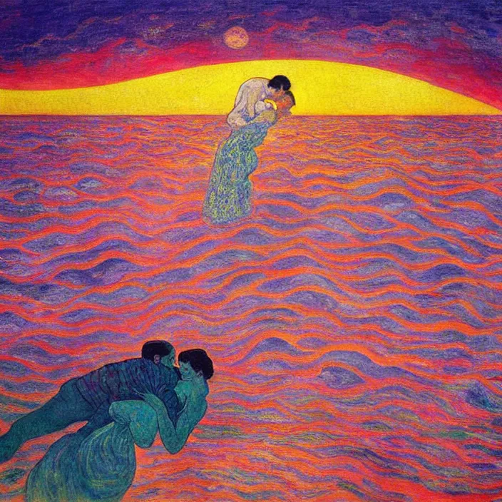 Image similar to close view of woman and man kissing.. tsunami great wave, sun setting through the storm clouds. iridescent, vivid psychedelic colors. painting by munch, agnes pelton, egon schiele, henri de toulouse - lautrec, utamaro, monet