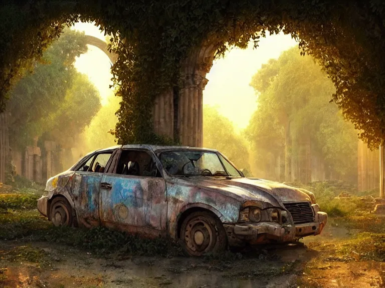 Image similar to a tree growing inside scrap car in ancient greek ruins, gray wasteland, many overgrown scrap cars, pillars and arches, colorful flowers, vines, cinematic, ray of golden sunlight, alphonse mucha, greg rutkowski, trending on artstation, artgerm, breathtaking, smooth, mark arian, award winning