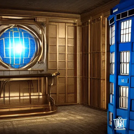 prompthunt: Tardis console room, Art Deco style, by stanley