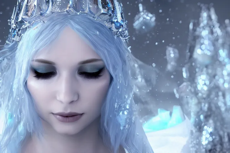Image similar to HD render of Malevolent Ice Queen with ice droplets on forehead in the style of Artstation, Unreal Engine, photorealistic, reflective