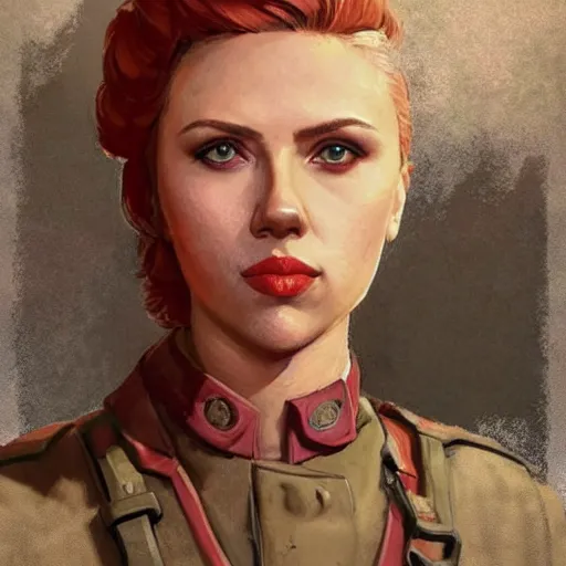 Prompt: portrait of scarlett johansson as a russian bolshevik nadezhda konstantinovna krupskaya in team fortress 2 style, epic, tragic, military art, fantasy, hd shot, digital portrait, beautiful, artstation, comic style, by artgerm, guy denning, jakub rozalski, magali villeneuve and charlie bowater