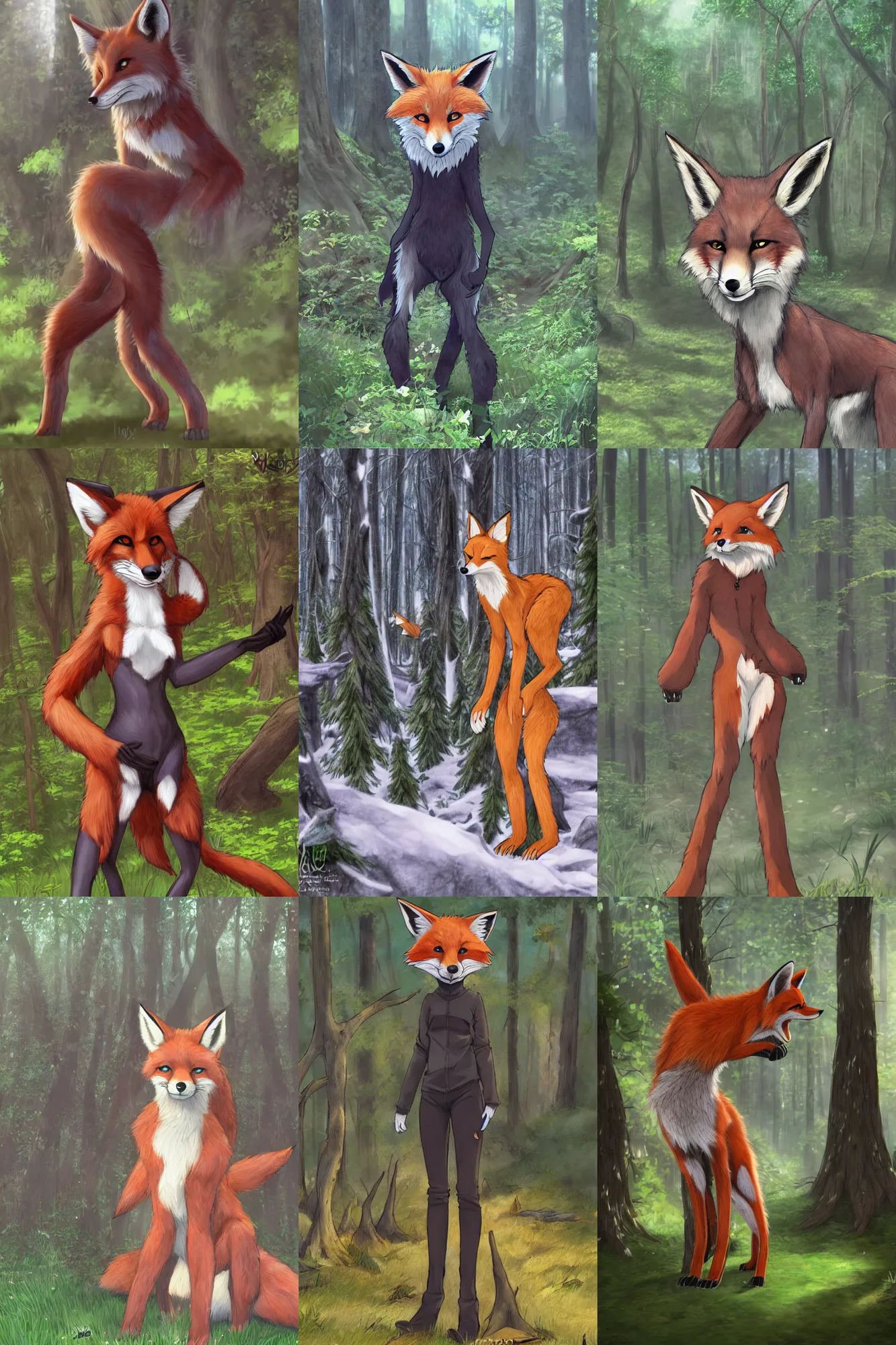 Prompt: furry art, anthro digitigrade fox with black paws standing in a forest, fursona commission, photorealistic, extremely detailed, anime key visual, pixiv, makoto shinkai, hibbary, dark natasha, goldenwolf, furaffinity, portrait