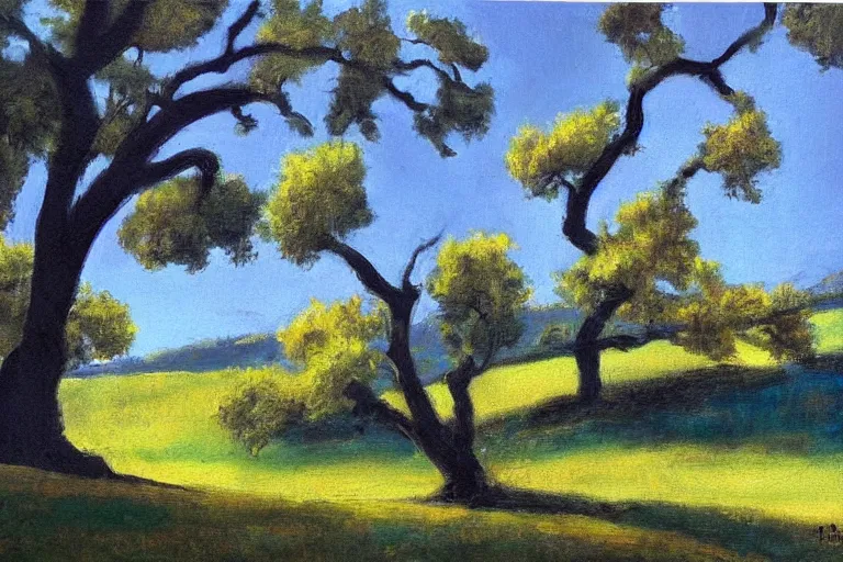 Image similar to masterpiece painting of oak trees on a hillside overlooking a creek, dramatic lighting, by tom hammick