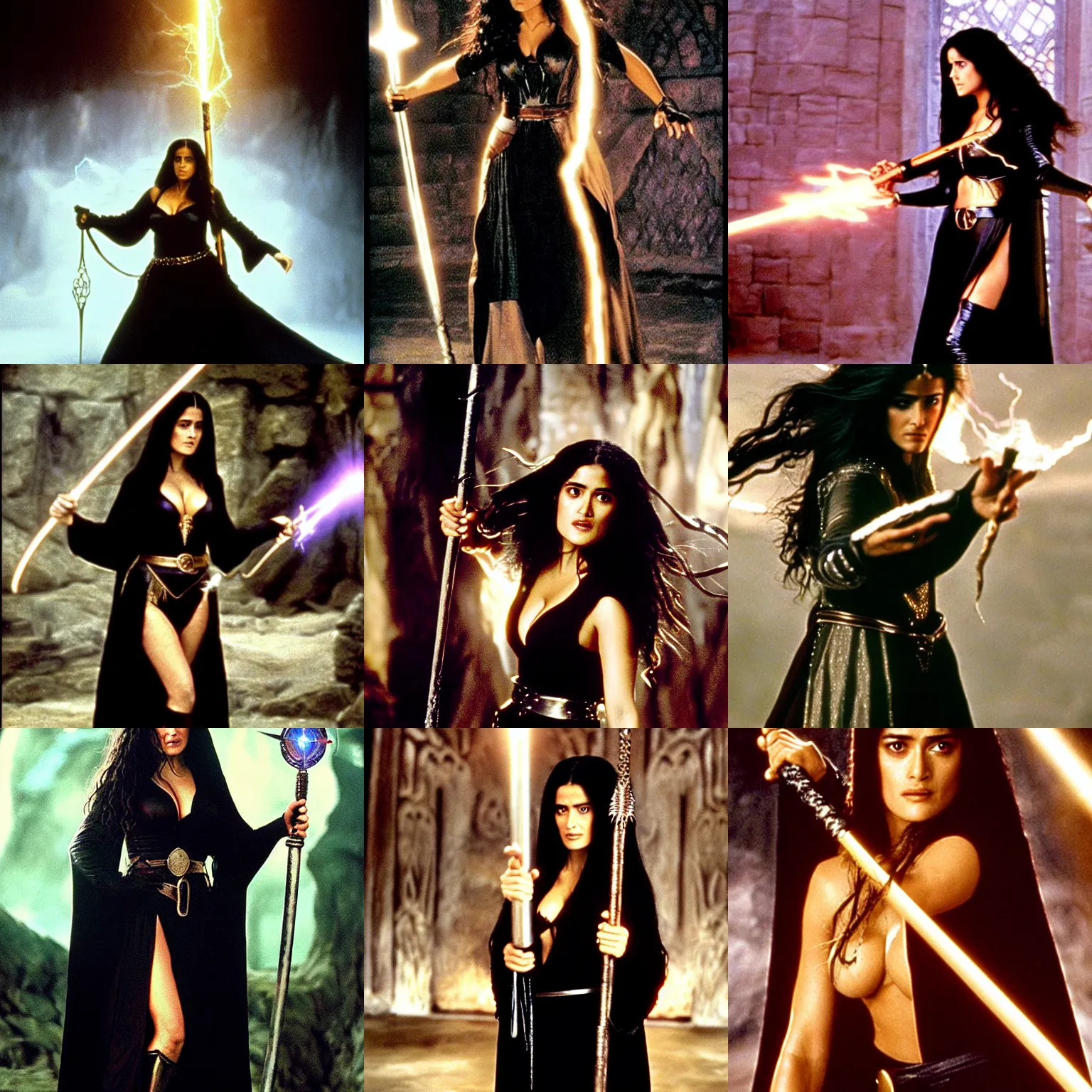 Prompt: epic photo of young salma hayek as beautiful medieval sorceress with very long black hair wearing a black satin robe and metal belt, battle scene, holding her wizard staff electricity emanating from it, sweaty, in the film excalibur 1 9 8 0, movie still, cinematography by david fincher