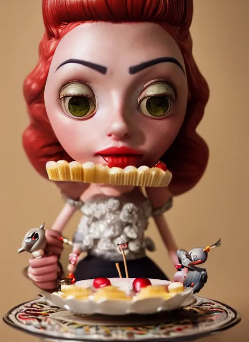 Image similar to closeup of a tin toy scarlett johansson eating cakes, depth of field, zeiss lens, detailed, symmetrical, centered, fashion photoshoot, by nicoletta ceccoli, mark ryden, lostfish, earl nore, hyung tae, frank frazetta, breathtaking, 8 k resolution, extremely detailed, beautiful, establishing shot, artistic, hyperrealistic, octane render