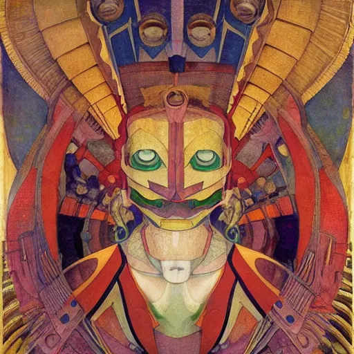 Prompt: the robot queen wearing her bird mask, by annie swynnerton and diego rivera and elihu vedder and lucien freud and jean delville, symbolist, dramatic lighting, elaborate geometric ornament, head and shoulders view, art brut, soft cool colors, smooth, sharp focus, extremely detailed, adolf wolfli, leo and diane dillon, nicholas roerich