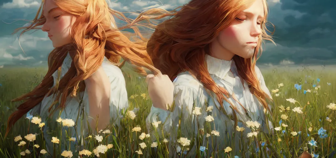 Image similar to a beautiful southern woman named Savannah, innocent, somber turquoise eyes, freckles, long ginger hair tied with white ribbon, relaxed in a field of flowers on a farm, gentle lighting, storm in the distance, western clothing, dress, digital art by Makoto Shinkai ilya kuvshinov and Wojtek Fus, digital art, concept art,