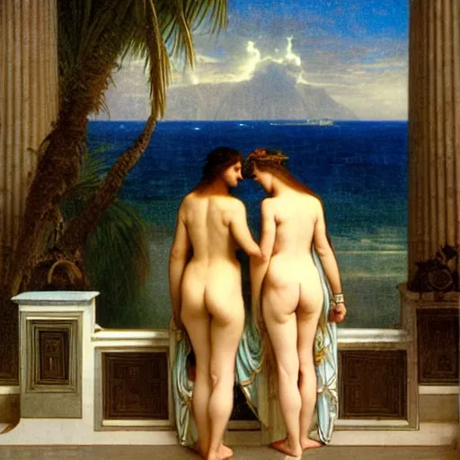 Image similar to Silhouette of two girls at the palace, thunderstorm, greek pool, beach and palm trees on the background major arcana sky, by paul delaroche, alphonse mucha and arnold böcklin arnold böcklin hyperrealistic 8k, very detailed