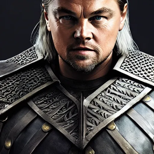 Image similar to Leonardo Dicaprio wearing Geralt of Rivia\'s armor, promo shoot, studio lighting