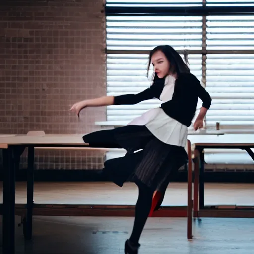 Prompt: film still of stylish girl dancing on school desk, tilted frame, 3 5 °, dutch angle, high quality, cinematography, award winning photo, focous