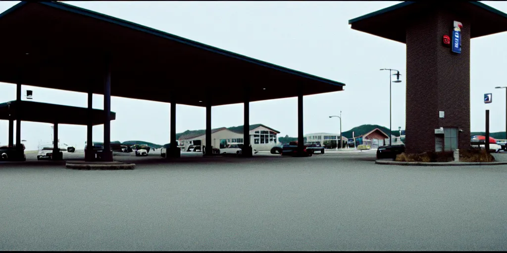 Image similar to port byron travel plaza, eerie vibe, leica, 2 4 mm lens, cinematic screenshot from the 2 0 0 1 surrealist film directed by charlie kaufman, kodak color film stock, f / 2 2, 2 4 mm wide angle anamorphic