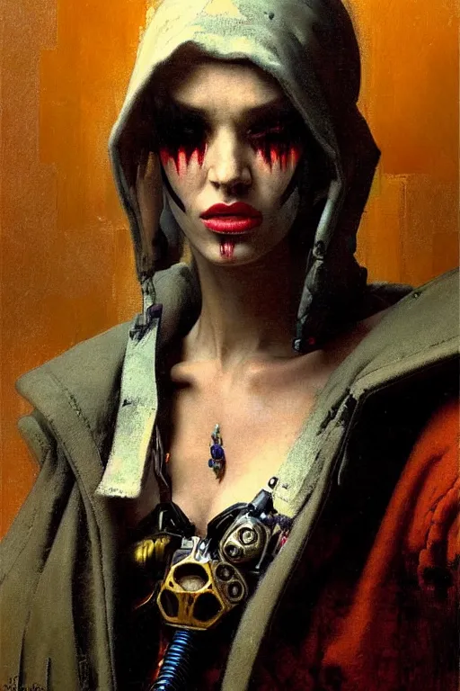 Image similar to full character portrait max mad cyberpunk warhammer 4 0 k, barbarian medic supersoldier not the girl with the pearl earring character design, painting by gaston bussiere, katsuya terada, nc wyeth, greg rutkowski, craig mullins, vermeer, frank frazetta, mucha, tom of finland, trending on artstation, jeffery catherine jones