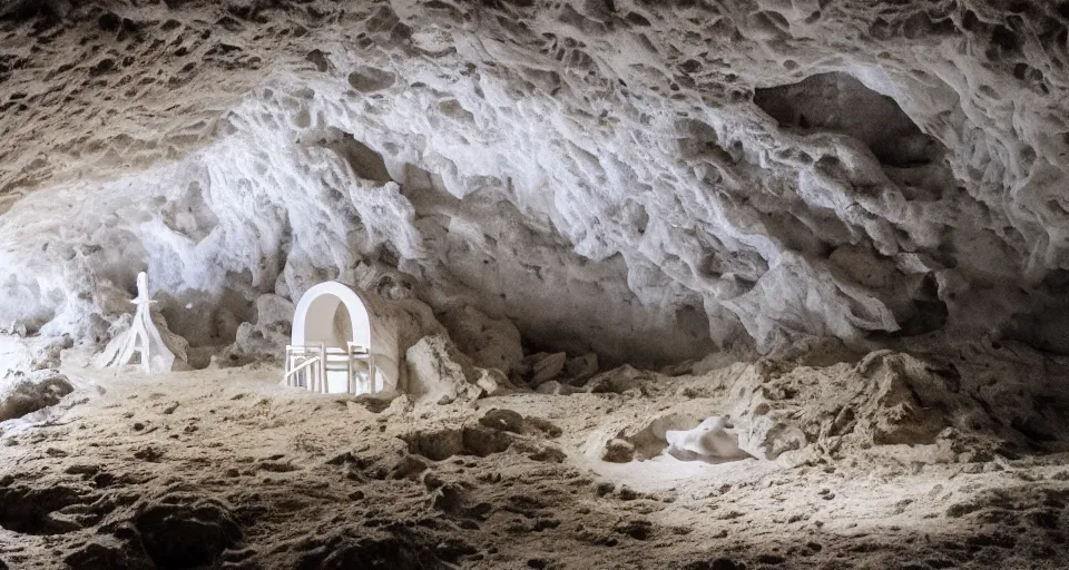 Prompt: white seashell house cave, atmospheric cinematography