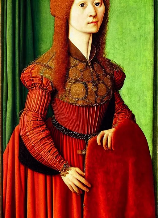 Image similar to portrait of young woman in renaissance dress and renaissance headdress, art by jan van eyck