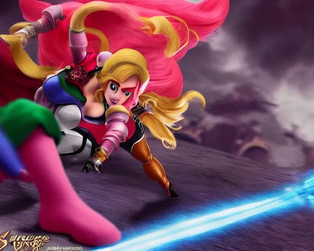 Prompt: princess peach fighting ganondorf, hyper realistic, cinematic, long shot, hyper detailed, 8 5 mm photograph, 8 k resolution, film still, sharp lens, wide lens