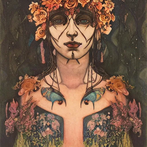 Image similar to the bone crown coronation, by Annie Swynnerton and Nicholas Roerich and (((Diego Rivera))) and (((Edmund Dulac))), bioluminescent skin, floral tattoos, elaborate costume, geometric ornament, symbolist, rich colors, dramatic lighting, smooth, sharp focus, extremely detailed