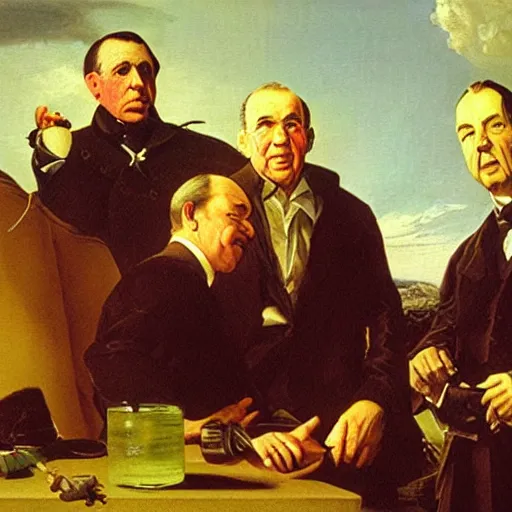 Image similar to an experiment on a bird in the air pump painting by joseph wright with richard nixon, hunter thompson, and bill murray