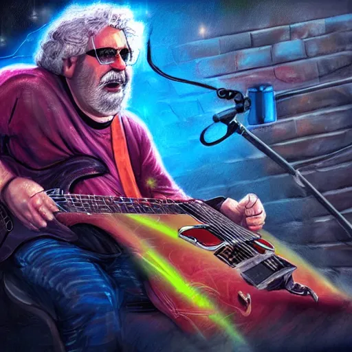 Image similar to a Jerry Garcia guitarist playing so intensely there is electricity shooting out from his guitar, energy beams under his finger tips, and magic sparkles from the freboard, amazing ditial art, trending on artstation, featured on deviantart