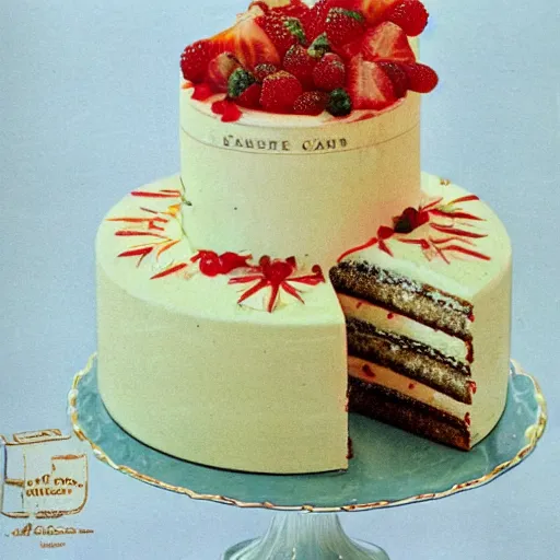 Prompt: photograph of fancy cake from 1970's cookbook