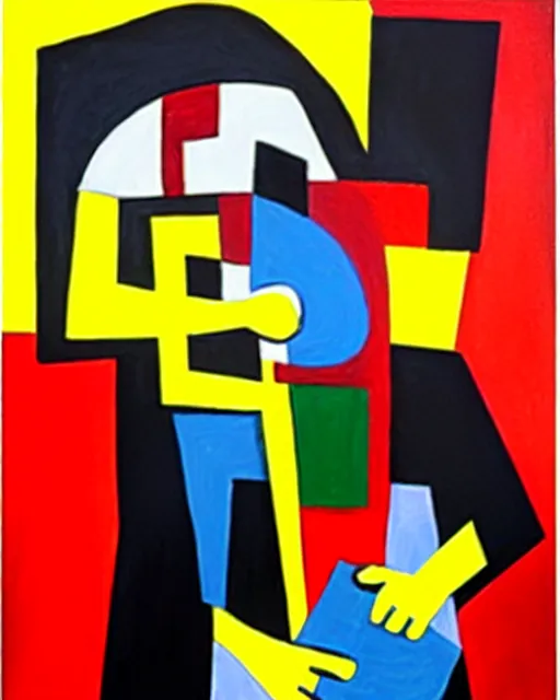 Prompt: a cubism portrait of willie nelson hugging his guitar, in the style of fernand leger, black and red