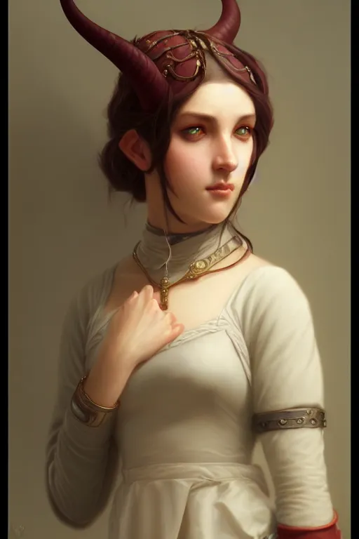 Image similar to a portrait of a Tiefling, illustration, soft lighting, soft details, painting oil on canvas by Edmund Blair Leighton and Charlie Bowater octane render trending on artstation d&d characters, 4k, 8k, HD