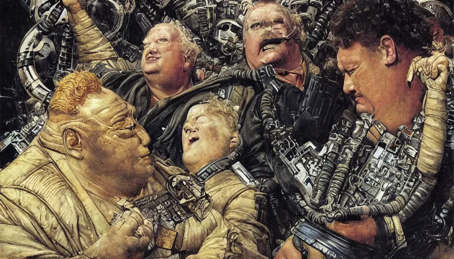 Image similar to movie scene of baron vladimir harkonnen in dune, by lawrence alma tadema and rick berry and norman rockwell and greg staples and jack kirby, directed by david lynch