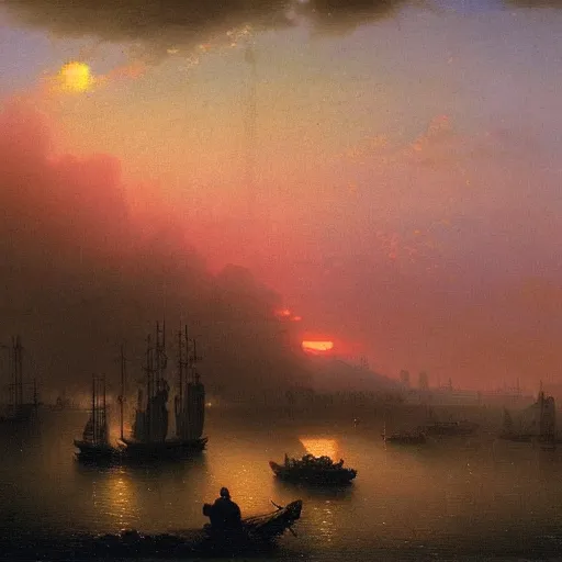 Image similar to a sunset overlooking a utopian city, by ivan aivazovsky