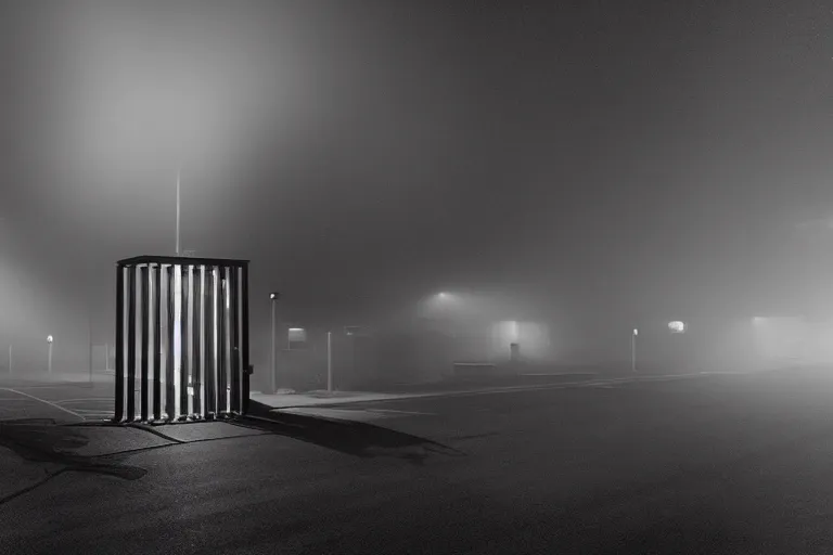 Image similar to a liminal parking tower seen from inside. Low camera angle. Nighttime. Diffused light, misty atmosphere. Long shadows gives an eerie feeling of doom. Wide angle lens.