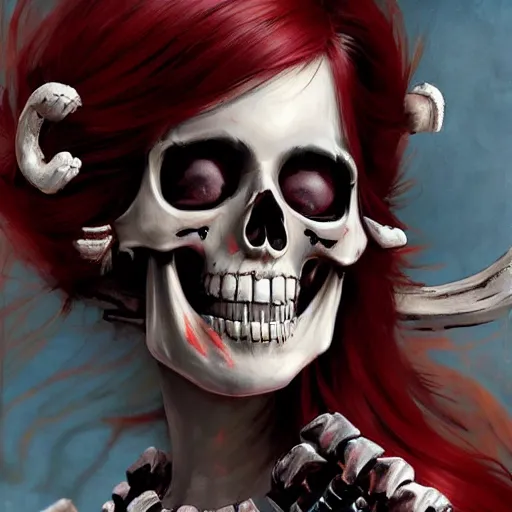 Image similar to cute & beautiful smug smiling undead skeleton girl with very attractive face and red hair dressed as a pirate, elegant, digital art, fullbody painting, fantasy, pixar style, painting, pin up, highly detailed, artstation, art by artgerm, vrubel, greg rutkowski, ilya kuvshinov, raymond swanland