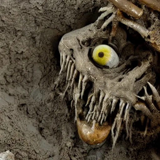 Prompt: creaturemade of translucent brown sludge full of animal bones, it has glowing yellow eyes, found in a cave made of clay, found footage, unsettling, flash photography, sludge, slime, gruel, grime,