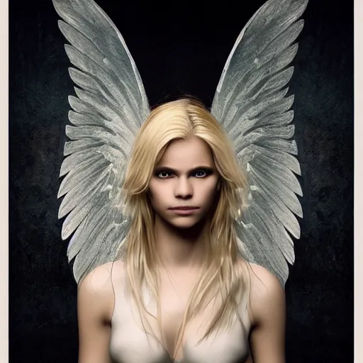 Prompt: very pretty blond female angel with large wings in a dark cave, perfect symmetrical face, shallow depth of field, moody lighting, 8 k, concept art, in the style of martina fackova,