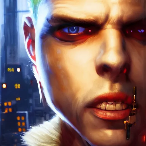 Image similar to cyberpunk, closeup portrait of a cyberpunk entertainer, blond hair, grey eyes, sadistic smile, delicate jaw, dramatic light, city background, sunset, dystopian setting, high contrast, sharp, neuromancer, peter riviera, painted by stanley lau, painted by greg rutkowski, painted by stanley artgerm, digital art, trending on artstation