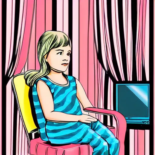 Prompt: digital matte illustration a small girl sitting on a striped chair leaning back watching tv in cyberland - 7 6 8