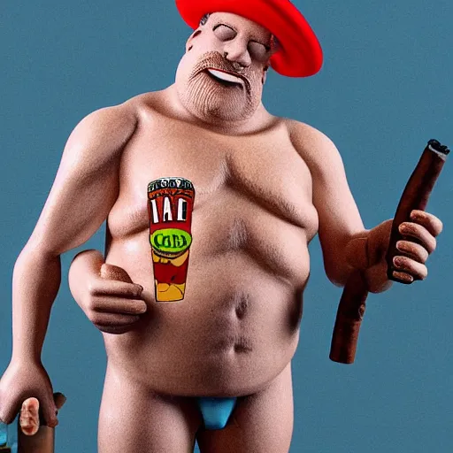 Prompt: Colonel Wednesday Bologna in a Speedo holding a beer in his left hand, a m60 rifle in his right, smoking a cigar. Portrait, hyper realistic, natural lighting