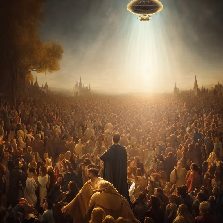 Prompt: portrait of a beautiful man in a crowd of medieval people surrounding UFO flying saucer, dream-like atmosphere, baroque portrait painting, perfect portrait composition, beautiful detailed intricate insanely detailed octane render trending on Artstation, 8K artistic photography, photorealistic, soft natural volumetric cinematic perfect light, golden hour, chiaroscuro, award-winning photograph, masterpiece, Raphael, Caravaggio, Greg Rutkowski, Beeple