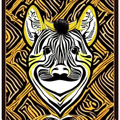 Prompt: a portrait of a handsome friendly happy laughing zebra in the style of art nouveau. the zebra is looking at you with loving eyes thinking about dinner. the border around the zebra is colorful and ornate with inspiration from alphonse mucha