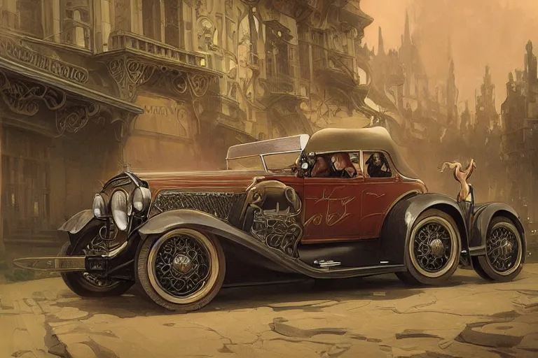 Image similar to 1930 car, fantasy, elegant, intricate, highly detailed, digital painting, artstation, concept art, sharp focus, illustration, art by artgerm and greg rutkowski and alphonse mucha