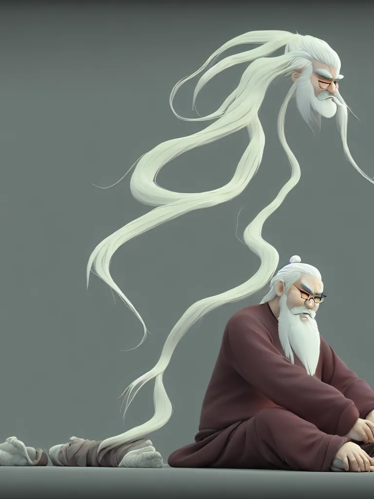 Prompt: the whole body of fuxi in chinese mythology, long white hair, long white beard, animation style, in style of makoto shinkai, raphael lacoste, kind and solemn, sit on the ground, 3 d render, hyper detailed, 4 k hd