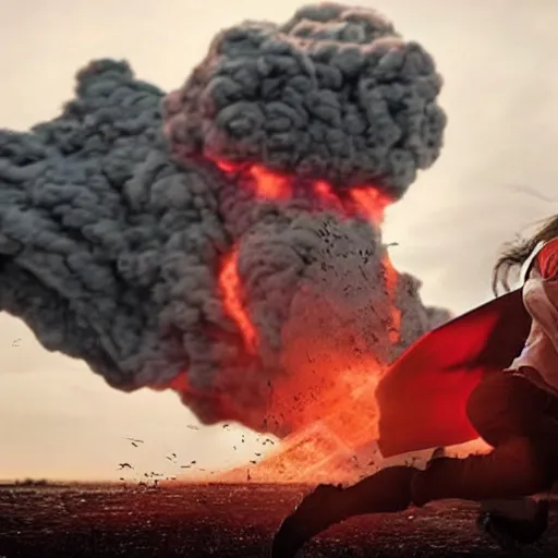 Image similar to epic photo of greta thunberg flying as superman destroying oil refinery with red laser vision. explosions and black smoke. cinematic realistic photographic epic lighting