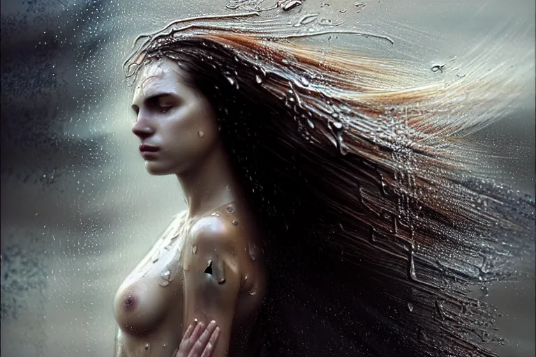 Prompt: girl flying freely in rain with wet hair and face, flowing hair, fantasy, captivating dynamic facial expression, intricate, elegant, dramatic lighting, emotionally evoking symbolic metaphor, highly detailed, lifelike, photorealistic, digital painting, artstation, concept art, smooth, sharp focus, illustration, art by John Collier and Albert Aublet and Krenz Cushart and Artem Demura and Alphonse Mucha